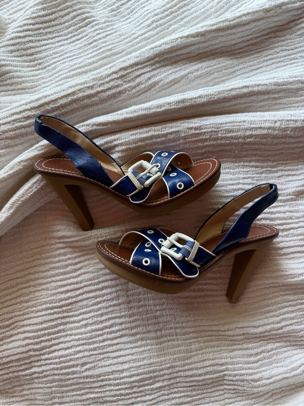 Vintage Michael Kors Leather Navy and White Buckle Slingback Sandals 4in Heel